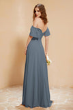 Square Neckline with Flutter Sleeves Chiffon Bridesmaid Dress Long Formal Evening Dresses