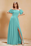 Square Neckline with Flutter Sleeves Chiffon Bridesmaid Dress Long Formal Evening Dresses
