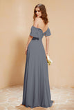 Square Neckline with Flutter Sleeves Chiffon Bridesmaid Dress Long Formal Evening Dresses