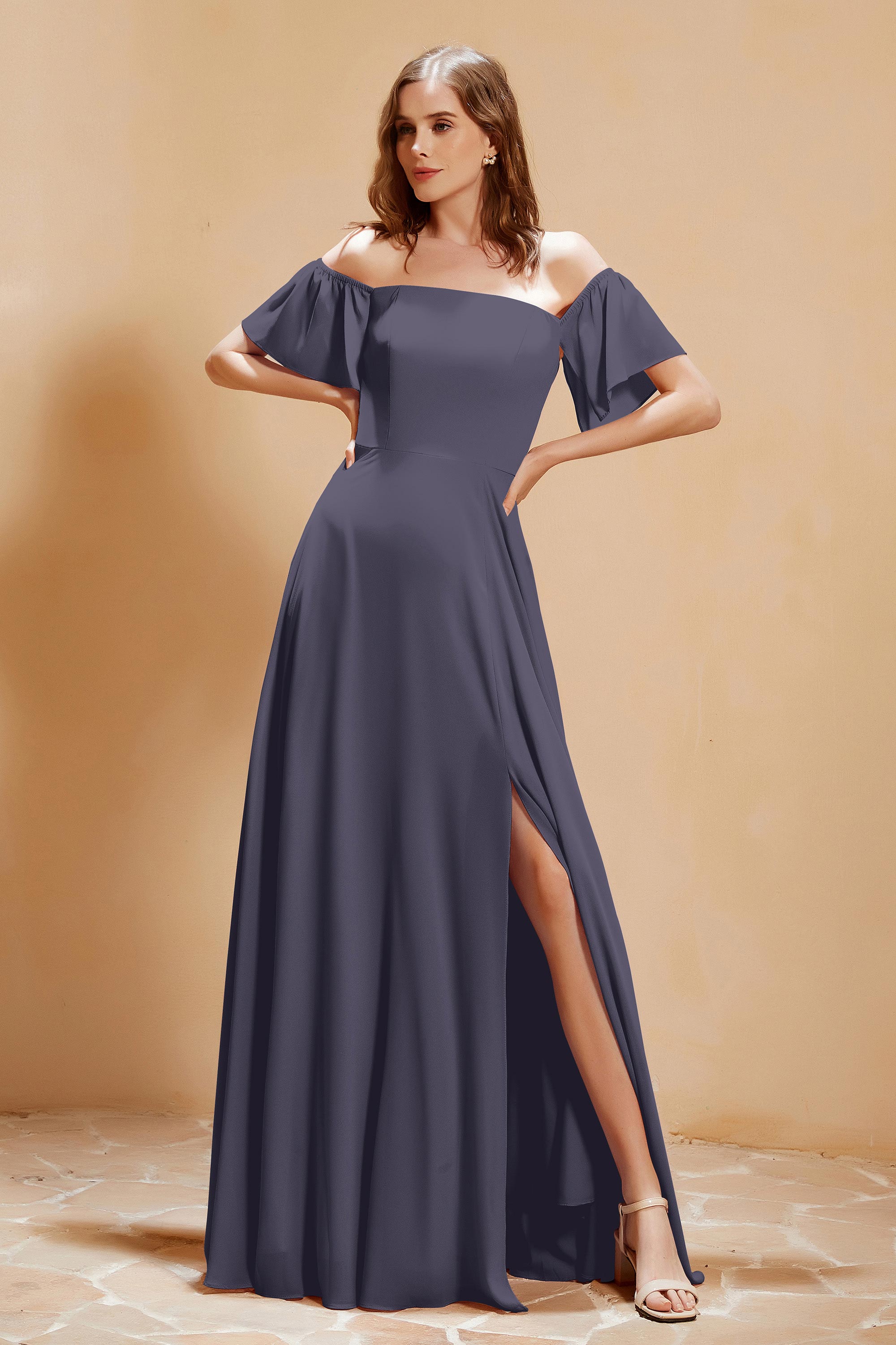 Square Neckline with Flutter Sleeves Chiffon Bridesmaid Dress Long Formal Evening Dresses