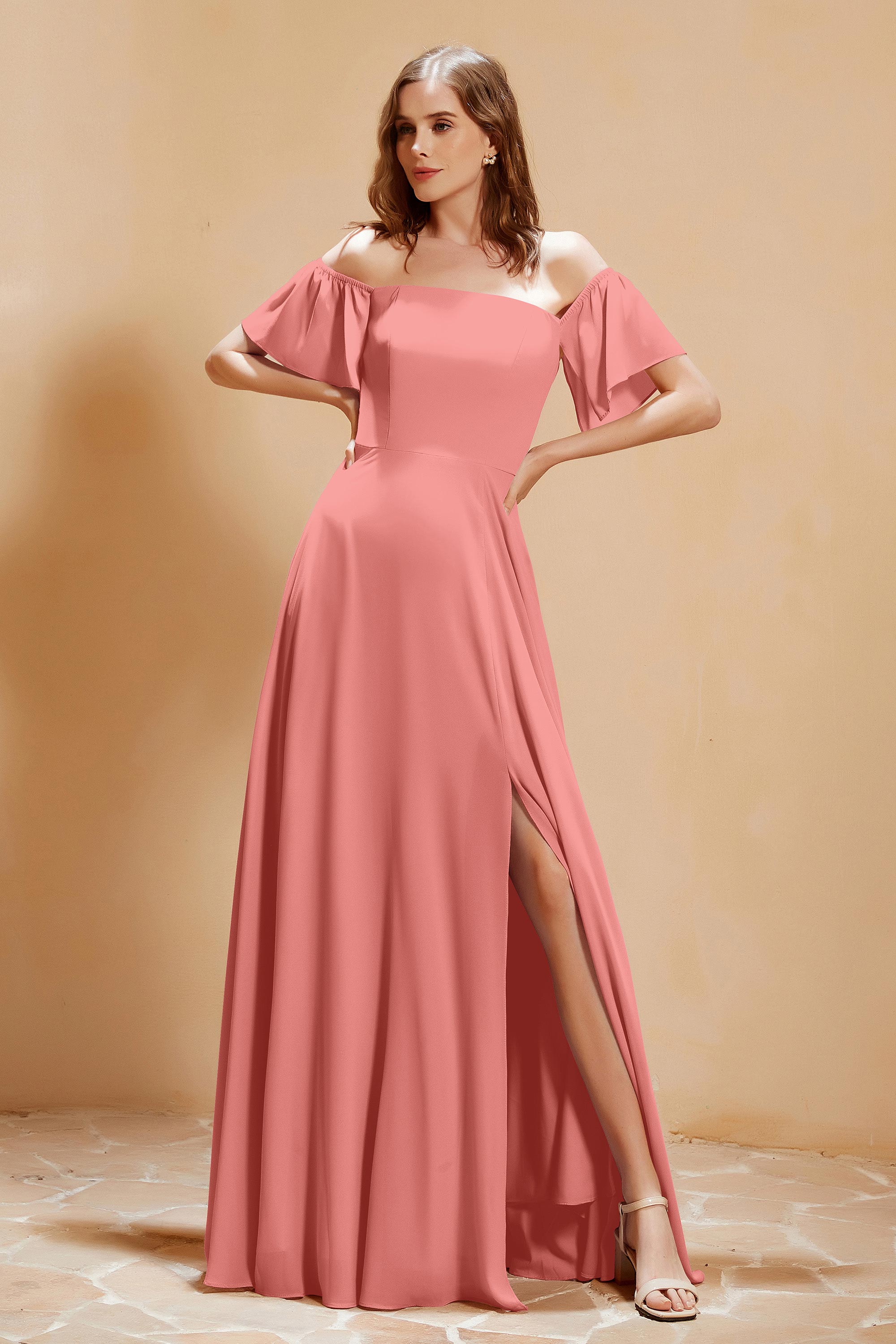Square Neckline with Flutter Sleeves Chiffon Bridesmaid Dress Long Formal Evening Dresses