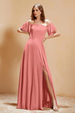 Square Neckline with Flutter Sleeves Chiffon Bridesmaid Dress Long Formal Evening Dresses
