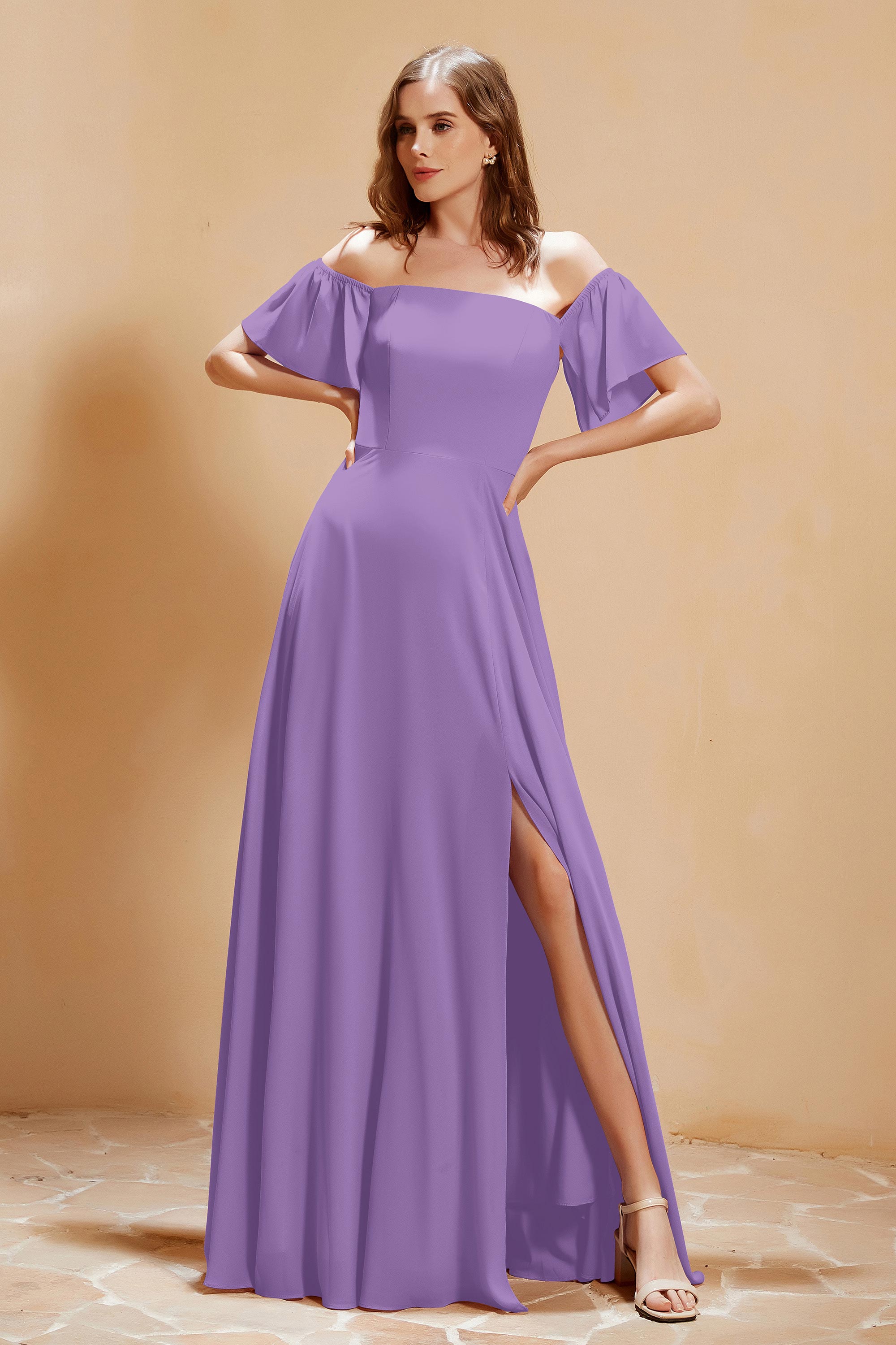 Square Neckline with Flutter Sleeves Chiffon Bridesmaid Dress Long Formal Evening Dresses