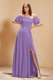 Square Neckline with Flutter Sleeves Chiffon Bridesmaid Dress Long Formal Evening Dresses