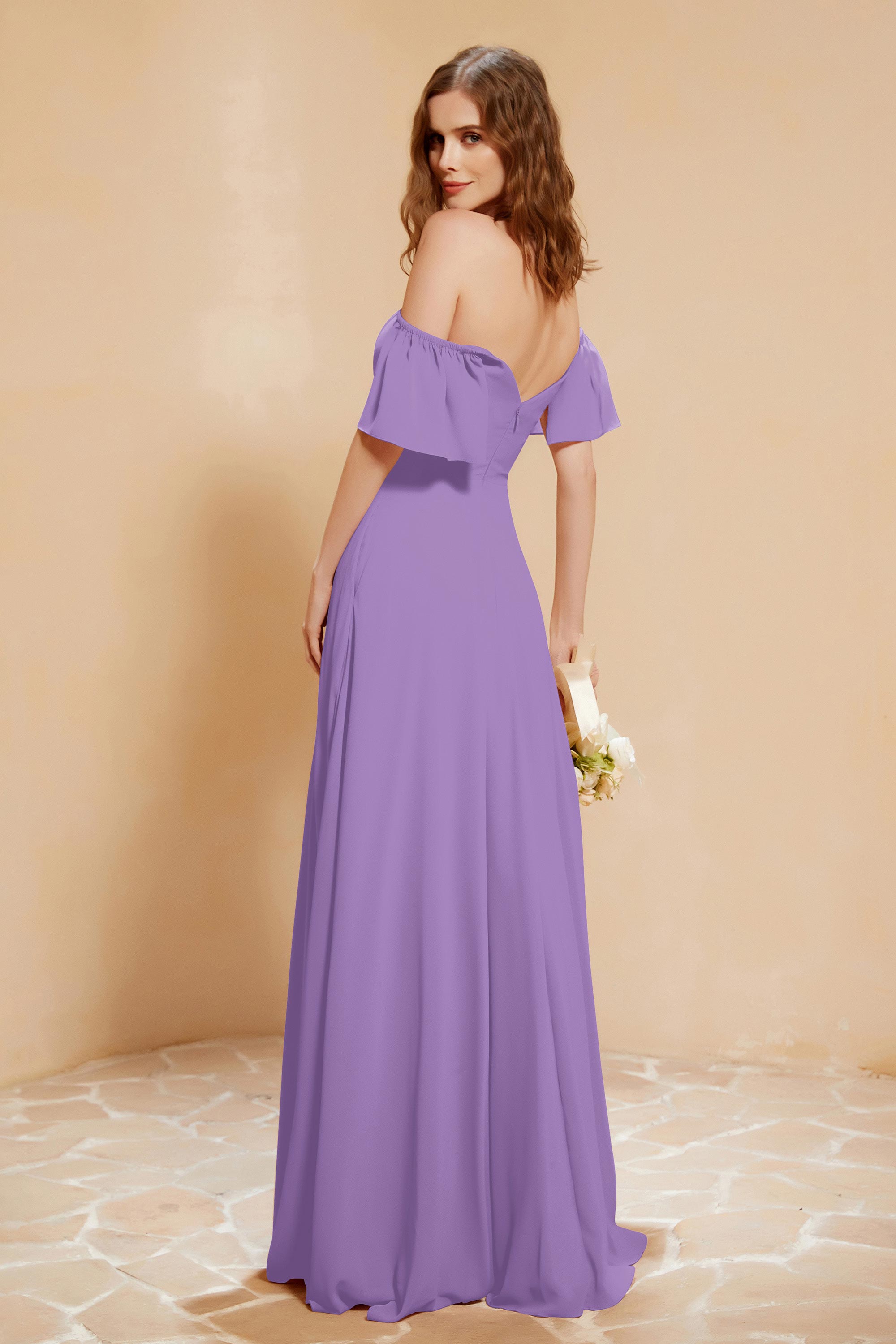 Square Neckline with Flutter Sleeves Chiffon Bridesmaid Dress Long Formal Evening Dresses