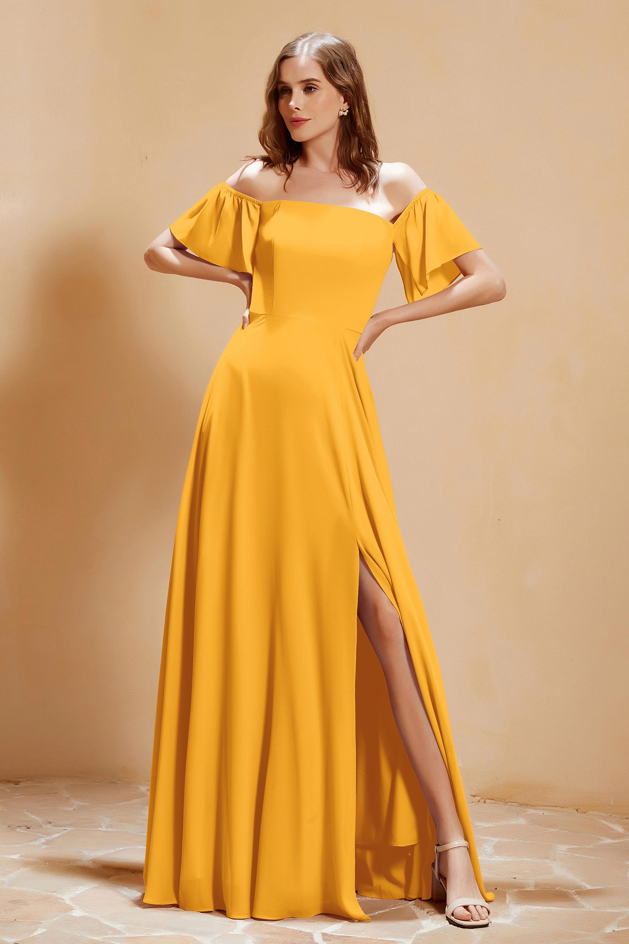 Square Neckline with Flutter Sleeves Chiffon Bridesmaid Dress Long Formal Evening Dresses