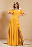 Square Neckline with Flutter Sleeves Chiffon Bridesmaid Dress Long Formal Evening Dresses