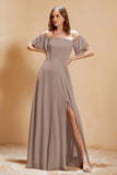 Square Neckline with Flutter Sleeves Chiffon Bridesmaid Dress Long Formal Evening Dresses