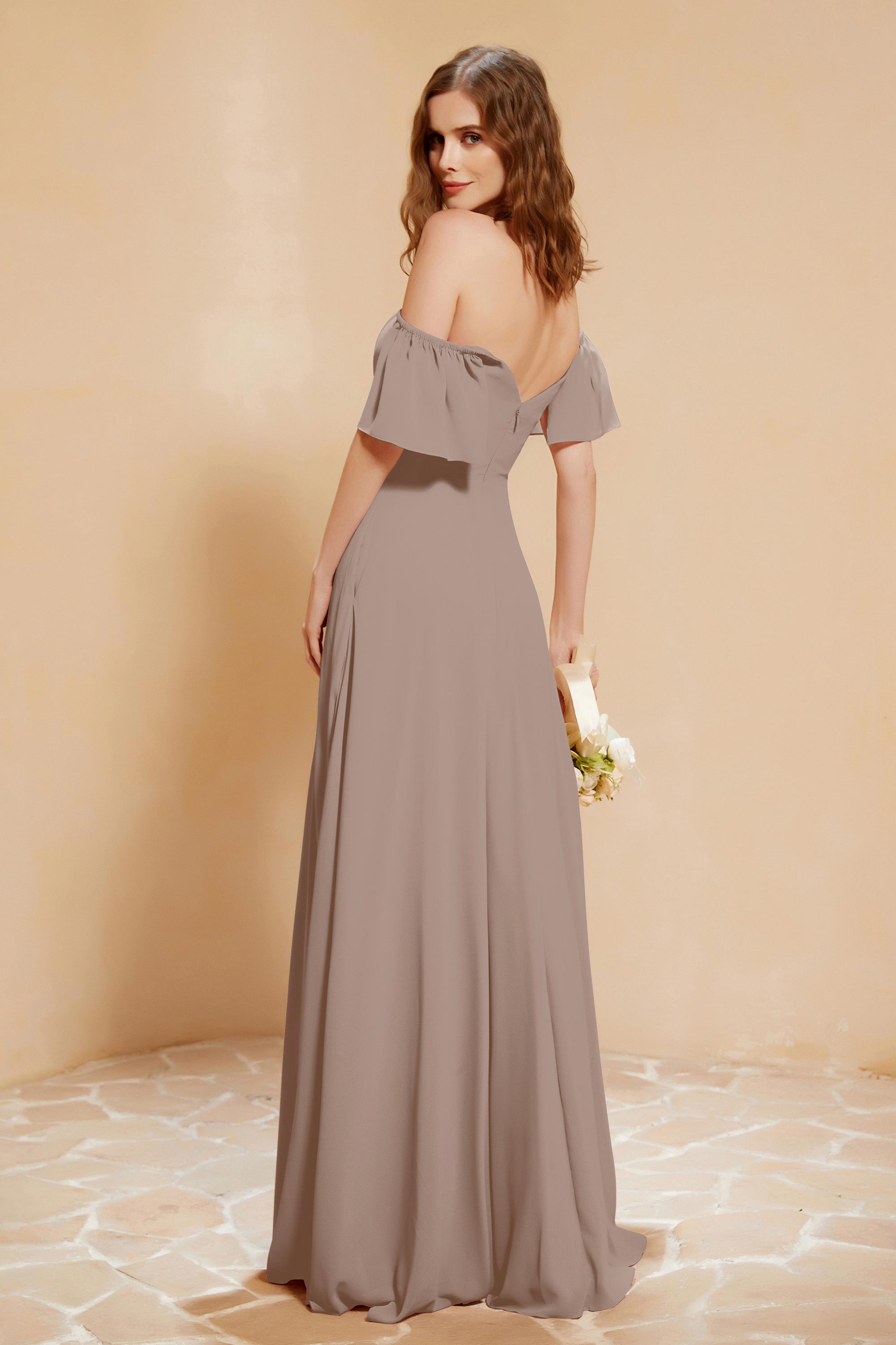 Square Neckline with Flutter Sleeves Chiffon Bridesmaid Dress Long Formal Evening Dresses