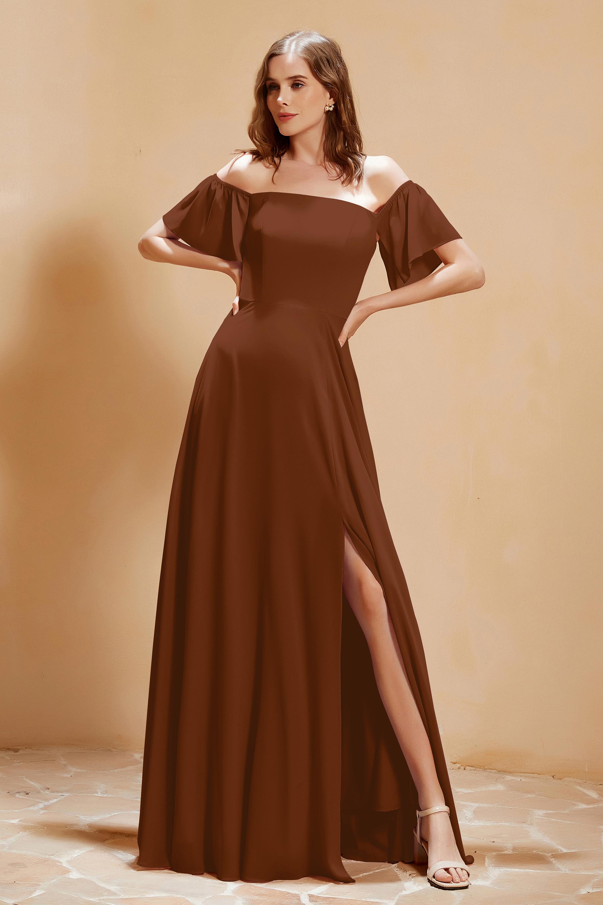 Square Neckline with Flutter Sleeves Chiffon Bridesmaid Dress Long Formal Evening Dresses