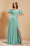 Square Neckline with Flutter Sleeves Chiffon Bridesmaid Dress Long Formal Evening Dresses