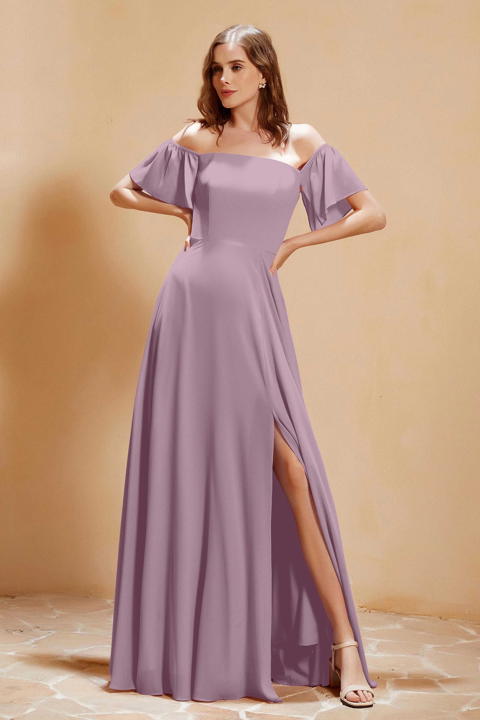 Square Neckline with Flutter Sleeves Chiffon Bridesmaid Dress Long Formal Evening Dresses