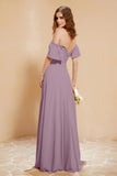Square Neckline with Flutter Sleeves Chiffon Bridesmaid Dress Long Formal Evening Dresses