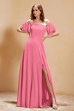 Square Neckline with Flutter Sleeves Chiffon Bridesmaid Dress Long Formal Evening Dresses