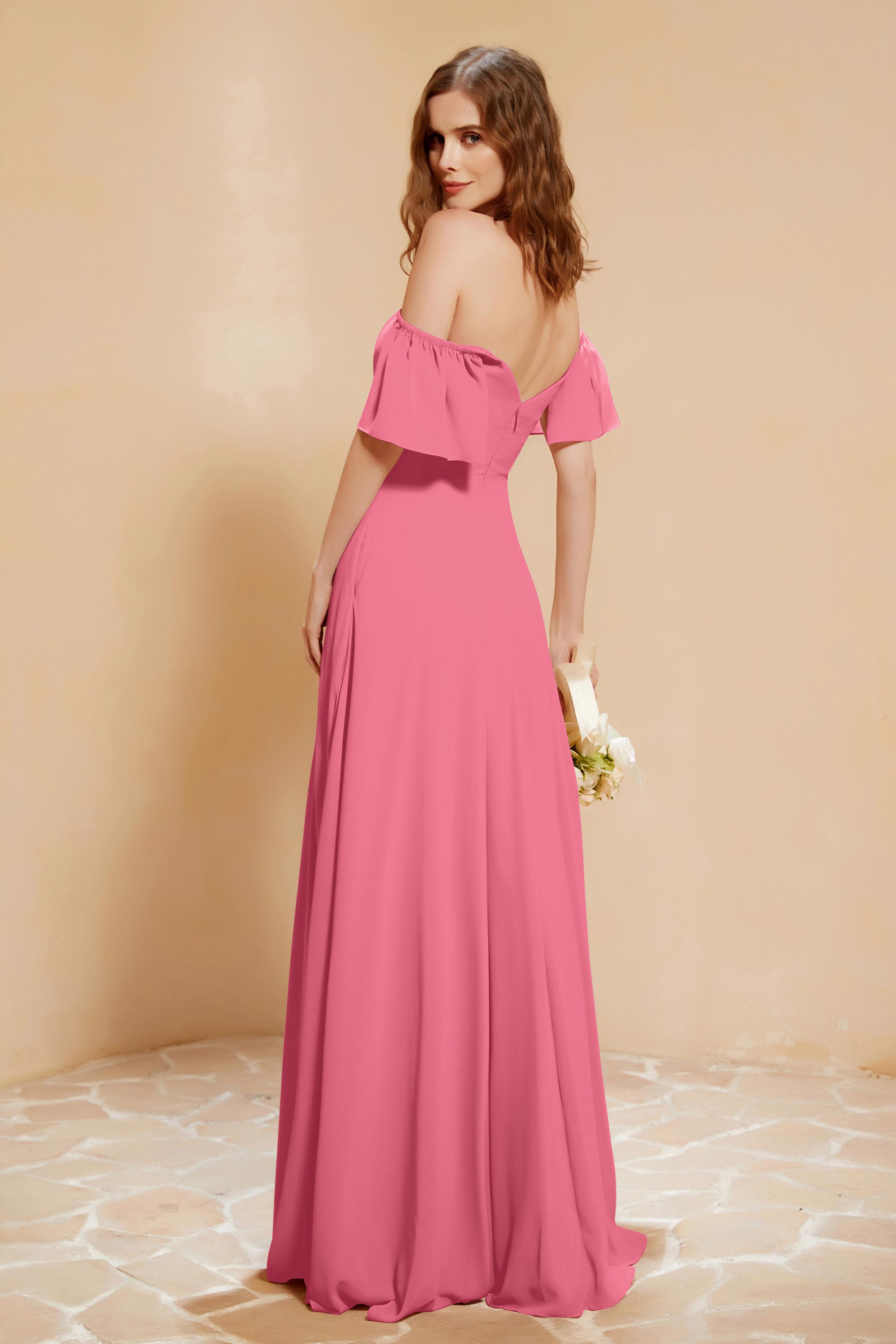 Square Neckline with Flutter Sleeves Chiffon Bridesmaid Dress Long Formal Evening Dresses