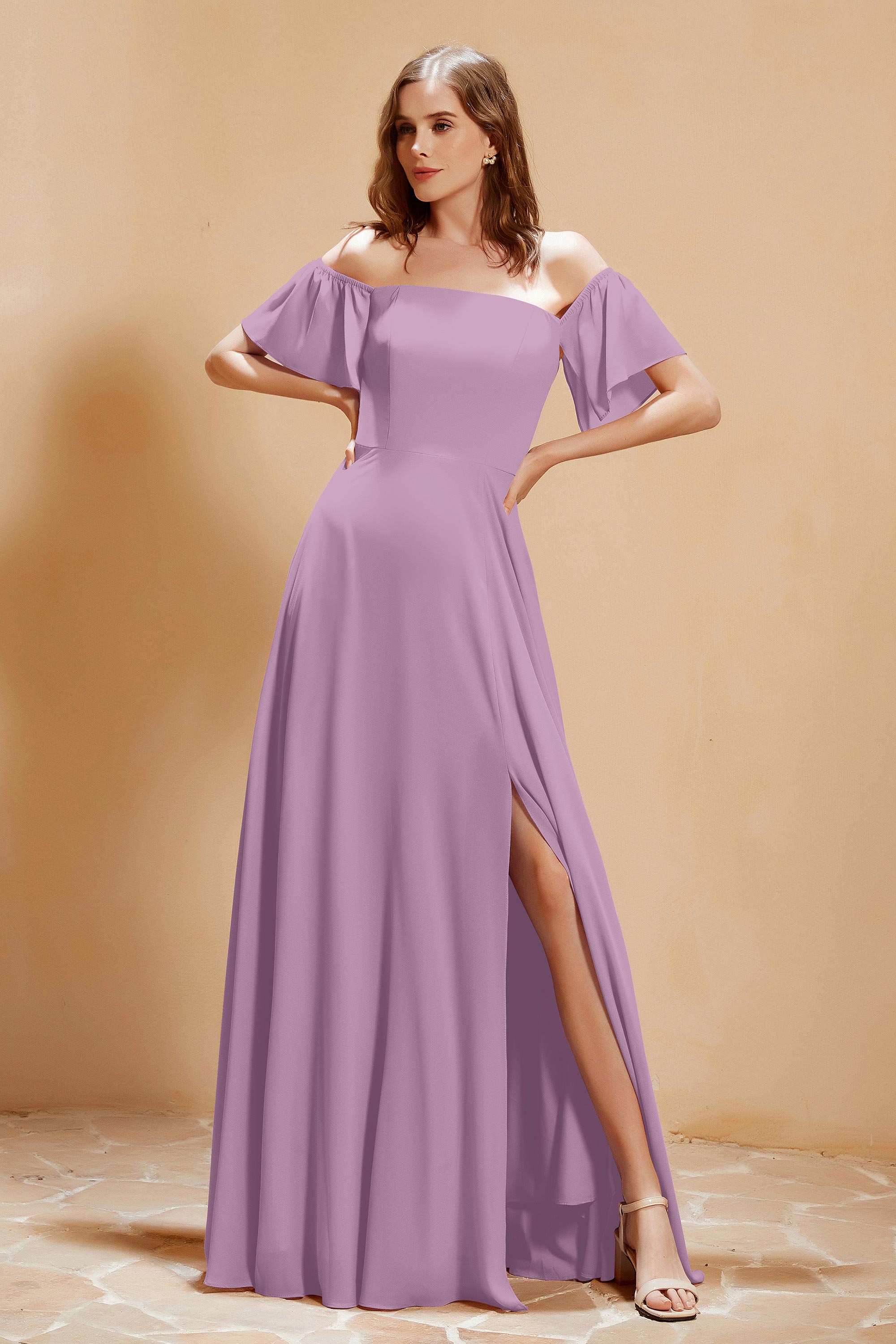 Square Neckline with Flutter Sleeves Chiffon Bridesmaid Dress Long Formal Evening Dresses