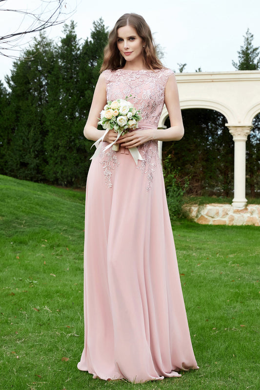 Elegant Illusion Scoop Neckline Chiffon Lace Bridesmaid Dress Formal Evening Prom Dresses