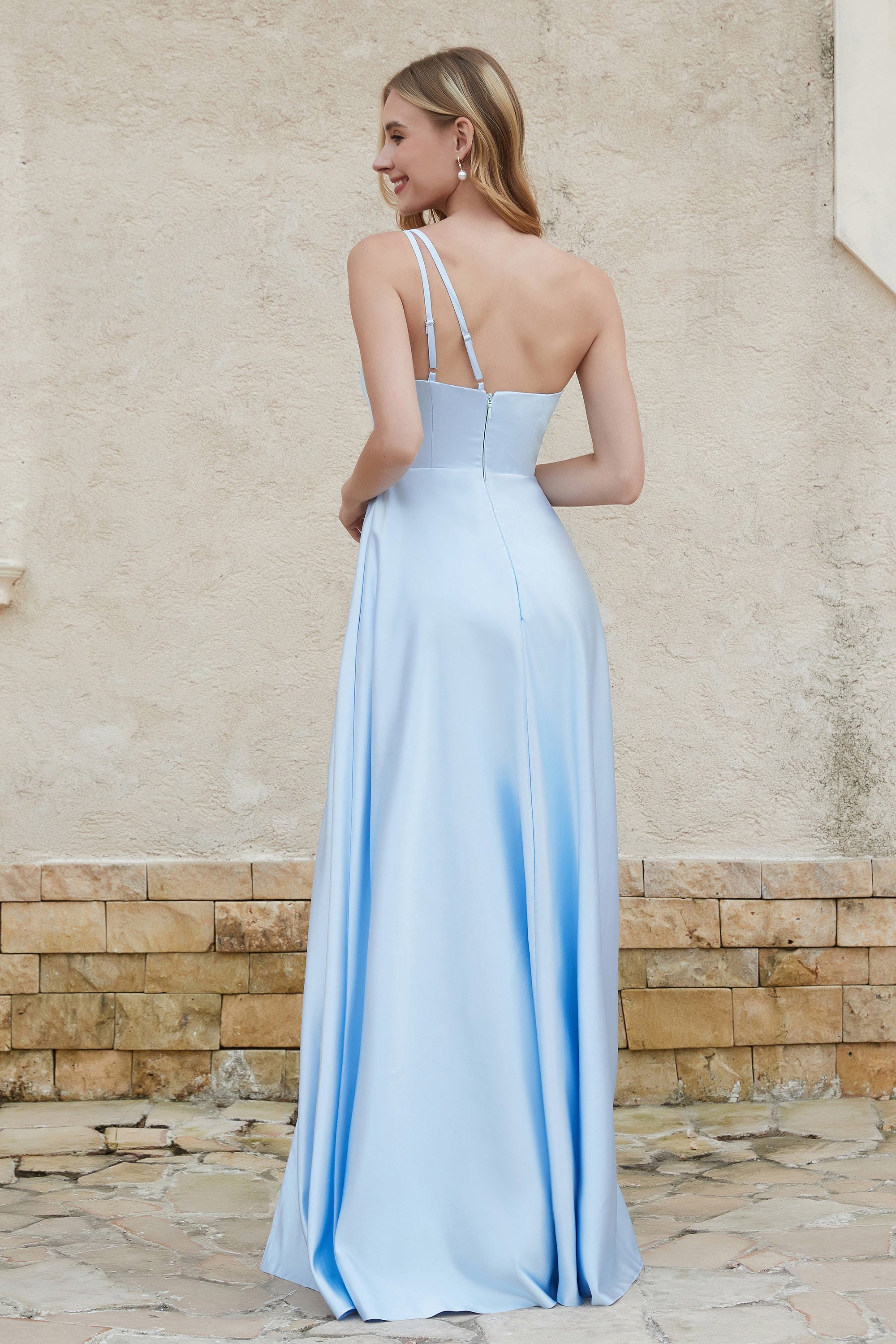 One Shoulder Satin Bridesmaid Dress with Pockets Formal Evening Prom Dresses Gowns