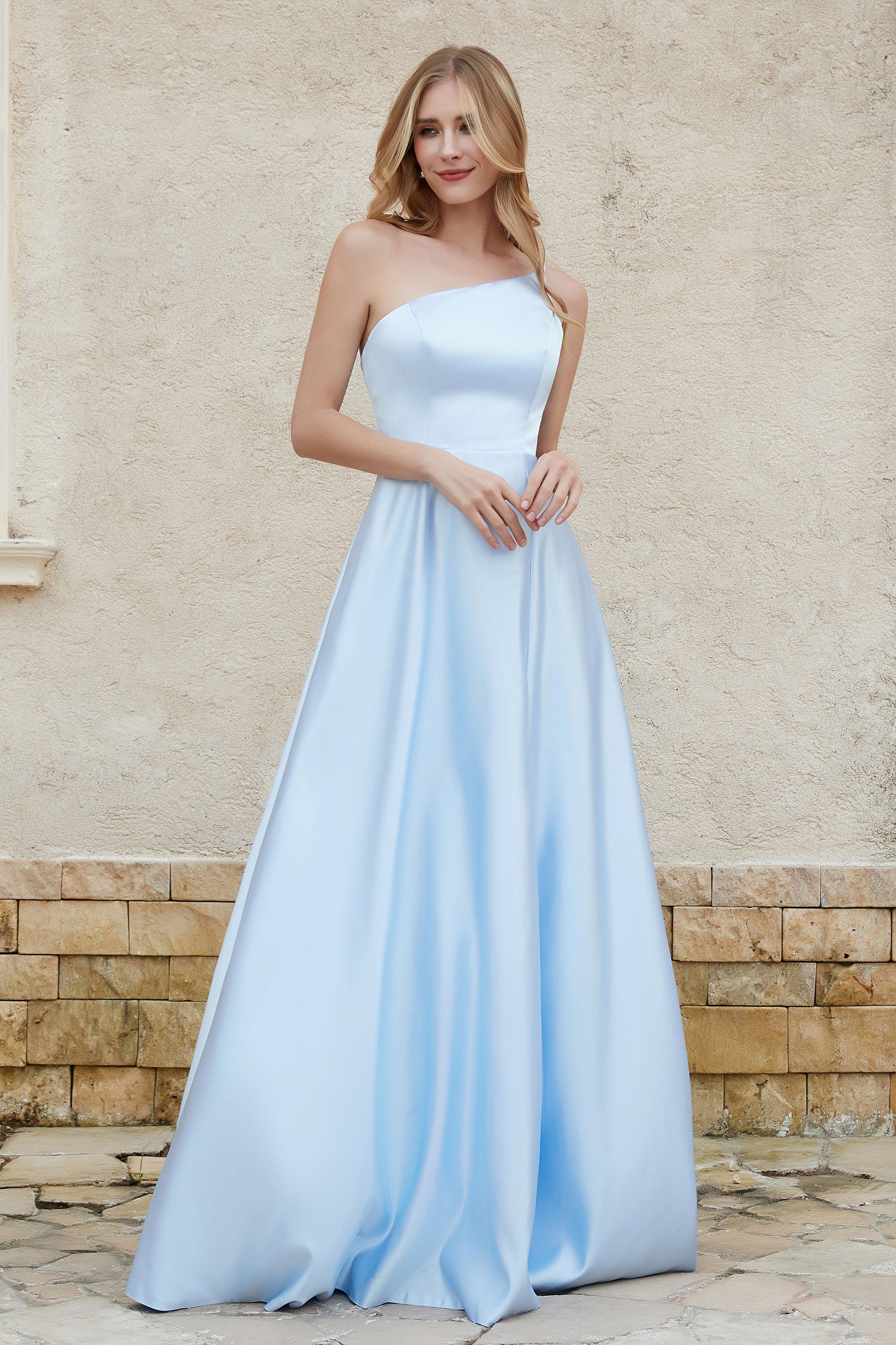 One Shoulder Satin Bridesmaid Dress with Pockets Formal Evening Prom Dresses Gowns