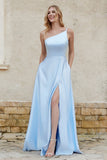 One Shoulder Satin Bridesmaid Dress with Pockets Formal Evening Prom Dresses Gowns