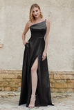 One Shoulder Satin Bridesmaid Dress with Pockets Formal Evening Prom Dresses Gowns