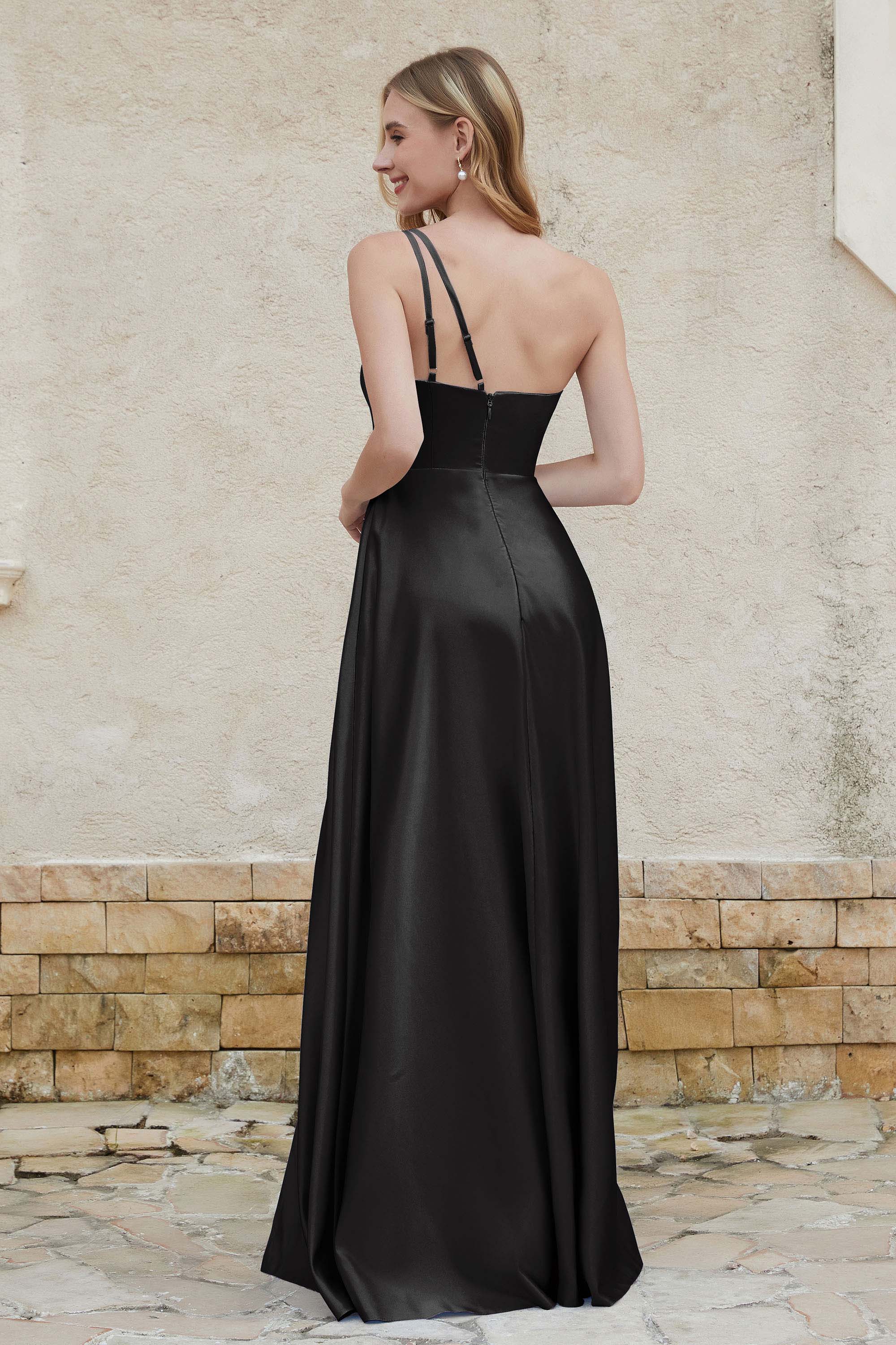 One Shoulder Satin Bridesmaid Dress with Pockets Formal Evening Prom Dresses Gowns