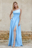 One Shoulder Satin Bridesmaid Dress with Pockets Formal Evening Prom Dresses Gowns