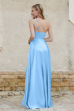 One Shoulder Satin Bridesmaid Dress with Pockets Formal Evening Prom Dresses Gowns