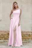 One Shoulder Satin Bridesmaid Dress with Pockets Formal Evening Prom Dresses Gowns