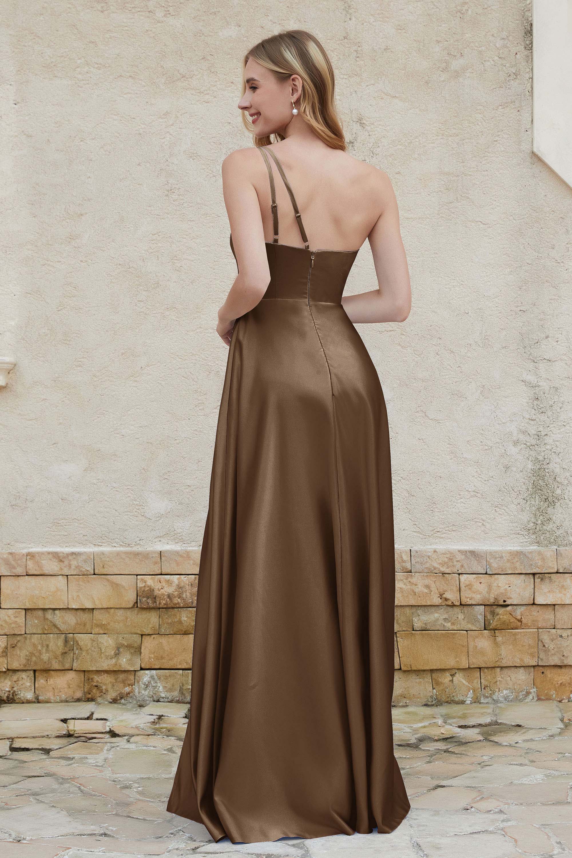 One Shoulder Satin Bridesmaid Dress with Pockets Formal Evening Prom Dresses Gowns
