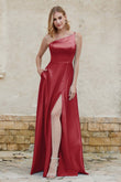 One Shoulder Satin Bridesmaid Dress with Pockets Formal Evening Prom Dresses Gowns