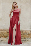 One Shoulder Satin Bridesmaid Dress with Pockets Formal Evening Prom Dresses Gowns
