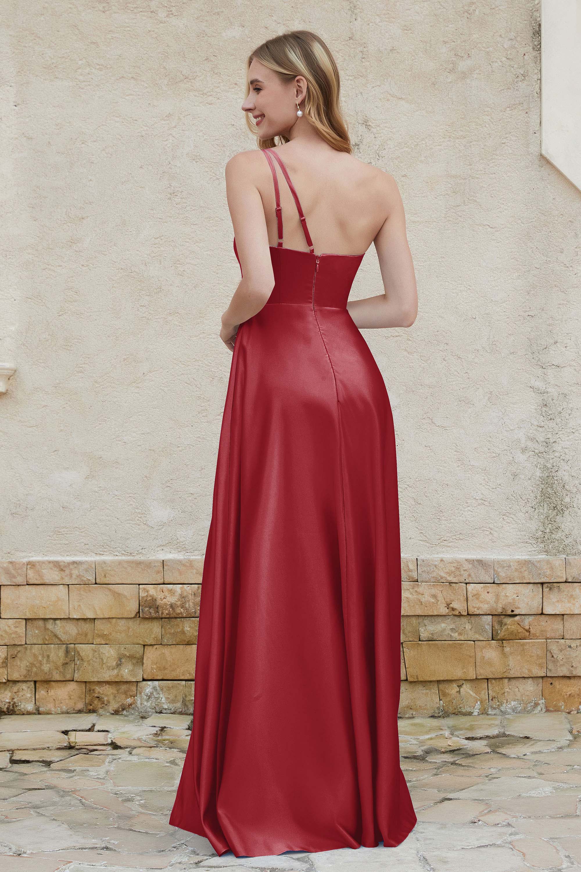 One Shoulder Satin Bridesmaid Dress with Pockets Formal Evening Prom Dresses Gowns