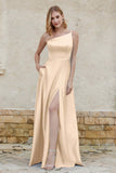 One Shoulder Satin Bridesmaid Dress with Pockets Formal Evening Prom Dresses Gowns