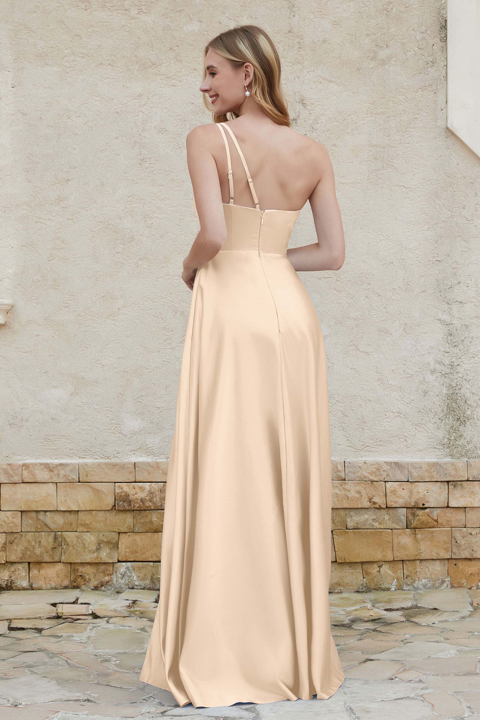 One Shoulder Satin Bridesmaid Dress with Pockets Formal Evening Prom Dresses Gowns
