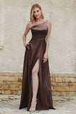 One Shoulder Satin Bridesmaid Dress with Pockets Formal Evening Prom Dresses Gowns