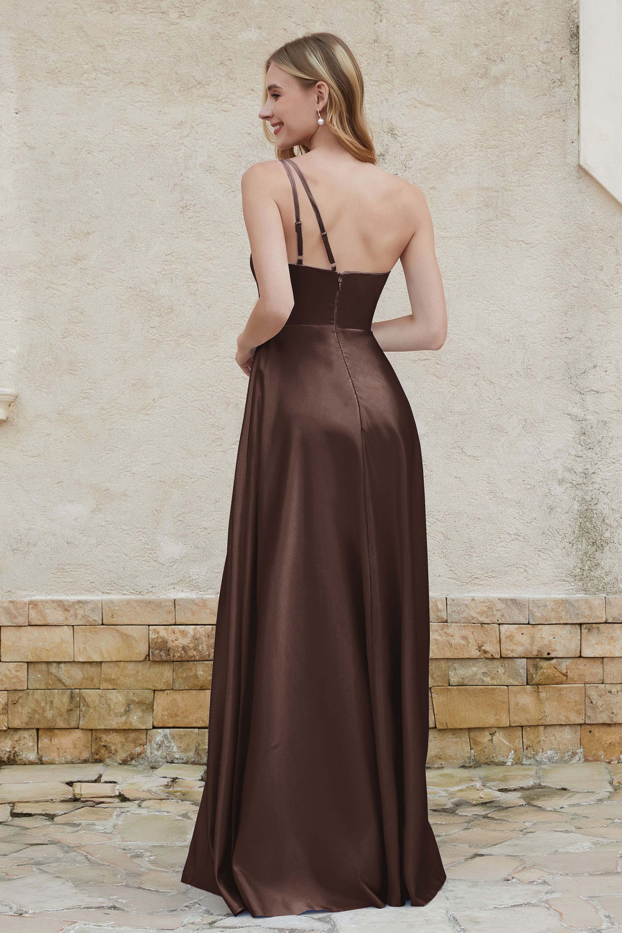 One Shoulder Satin Bridesmaid Dress with Pockets Formal Evening Prom Dresses Gowns