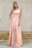 One Shoulder Satin Bridesmaid Dress with Pockets Formal Evening Prom Dresses Gowns