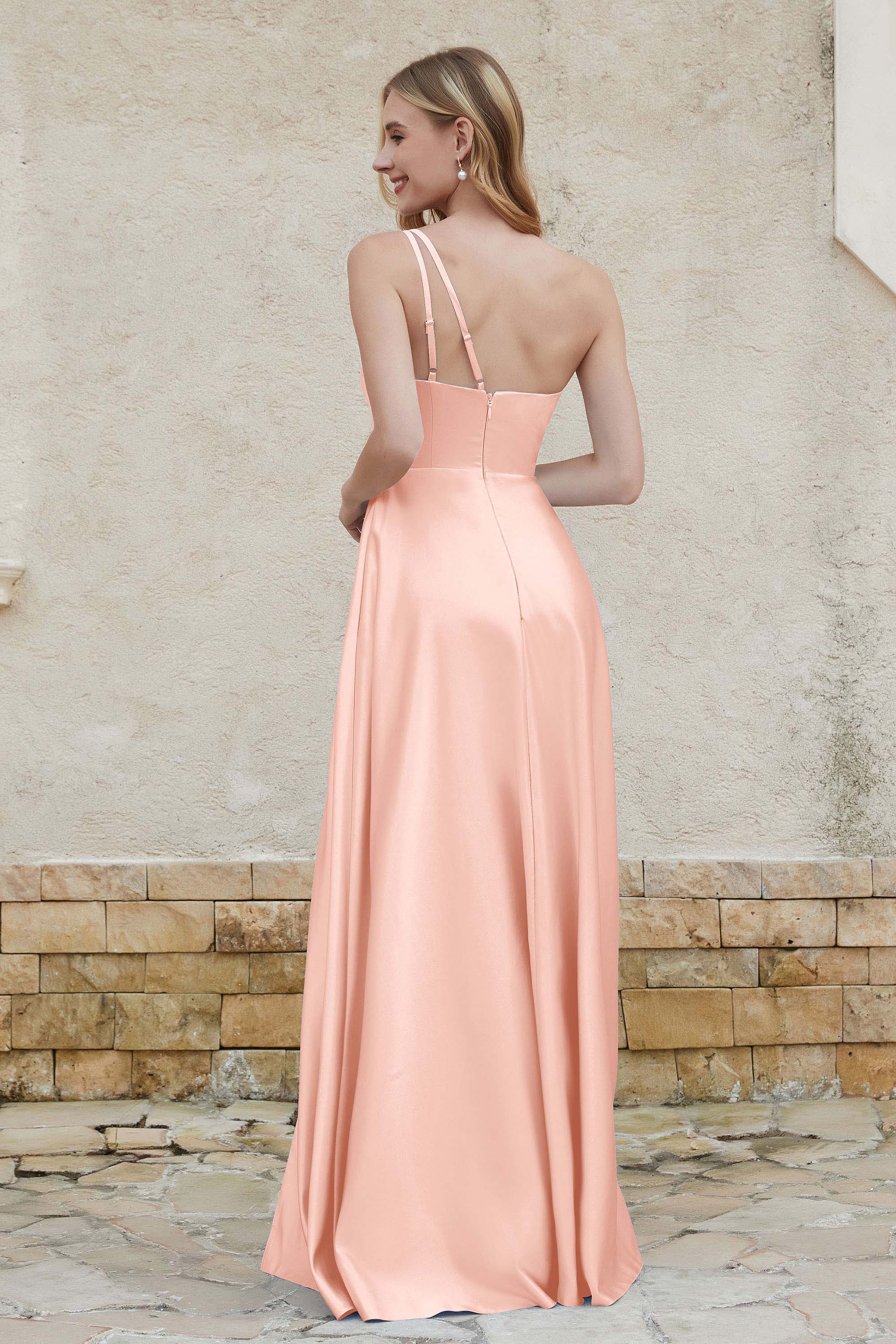 One Shoulder Satin Bridesmaid Dress with Pockets Formal Evening Prom Dresses Gowns