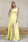 One Shoulder Satin Bridesmaid Dress with Pockets Formal Evening Prom Dresses Gowns