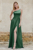 One Shoulder Satin Bridesmaid Dress with Pockets Formal Evening Prom Dresses Gowns