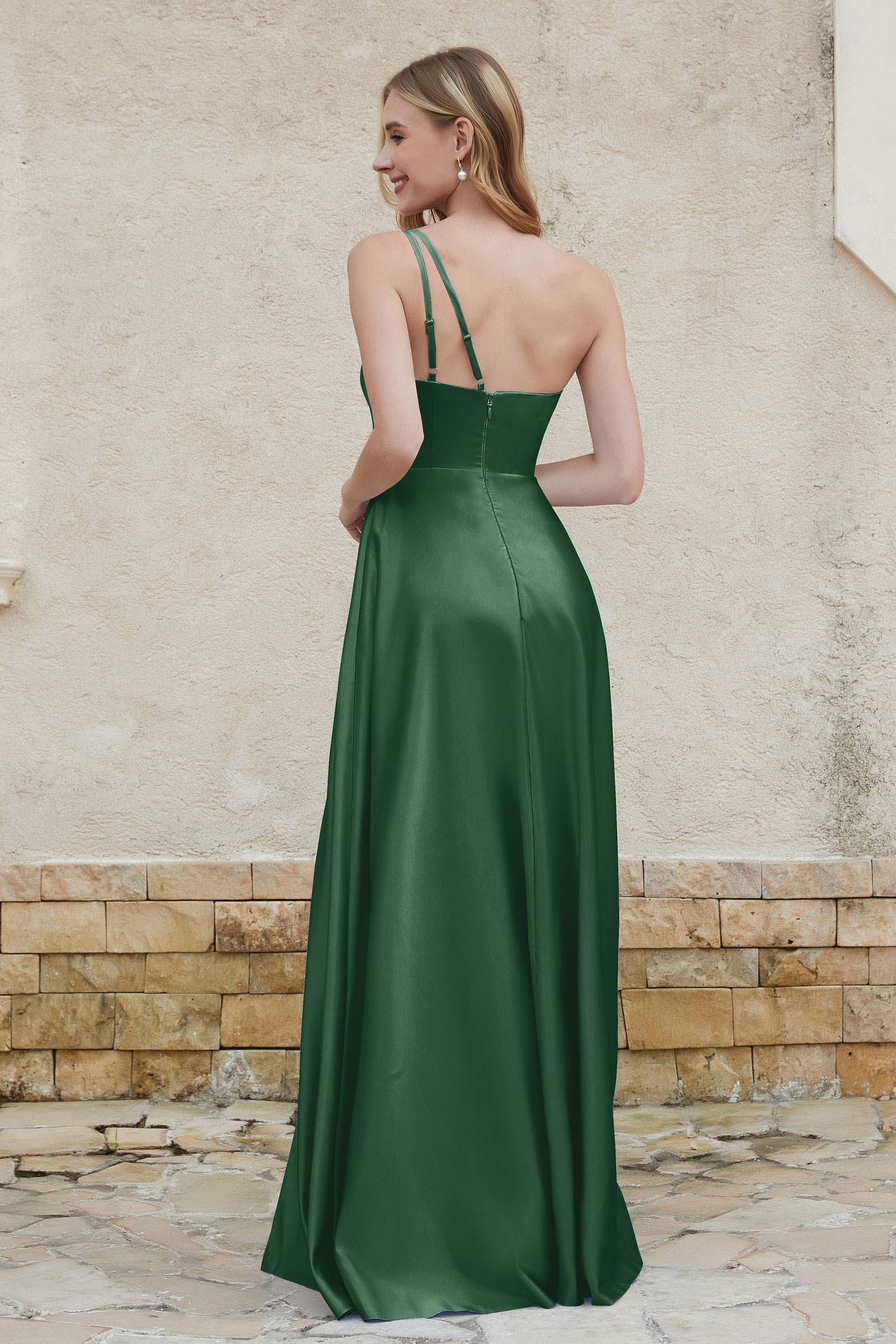 One Shoulder Satin Bridesmaid Dress with Pockets Formal Evening Prom Dresses Gowns