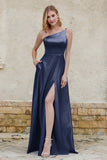 One Shoulder Satin Bridesmaid Dress with Pockets Formal Evening Prom Dresses Gowns
