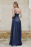One Shoulder Satin Bridesmaid Dress with Pockets Formal Evening Prom Dresses Gowns