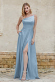 One Shoulder Satin Bridesmaid Dress with Pockets Formal Evening Prom Dresses Gowns