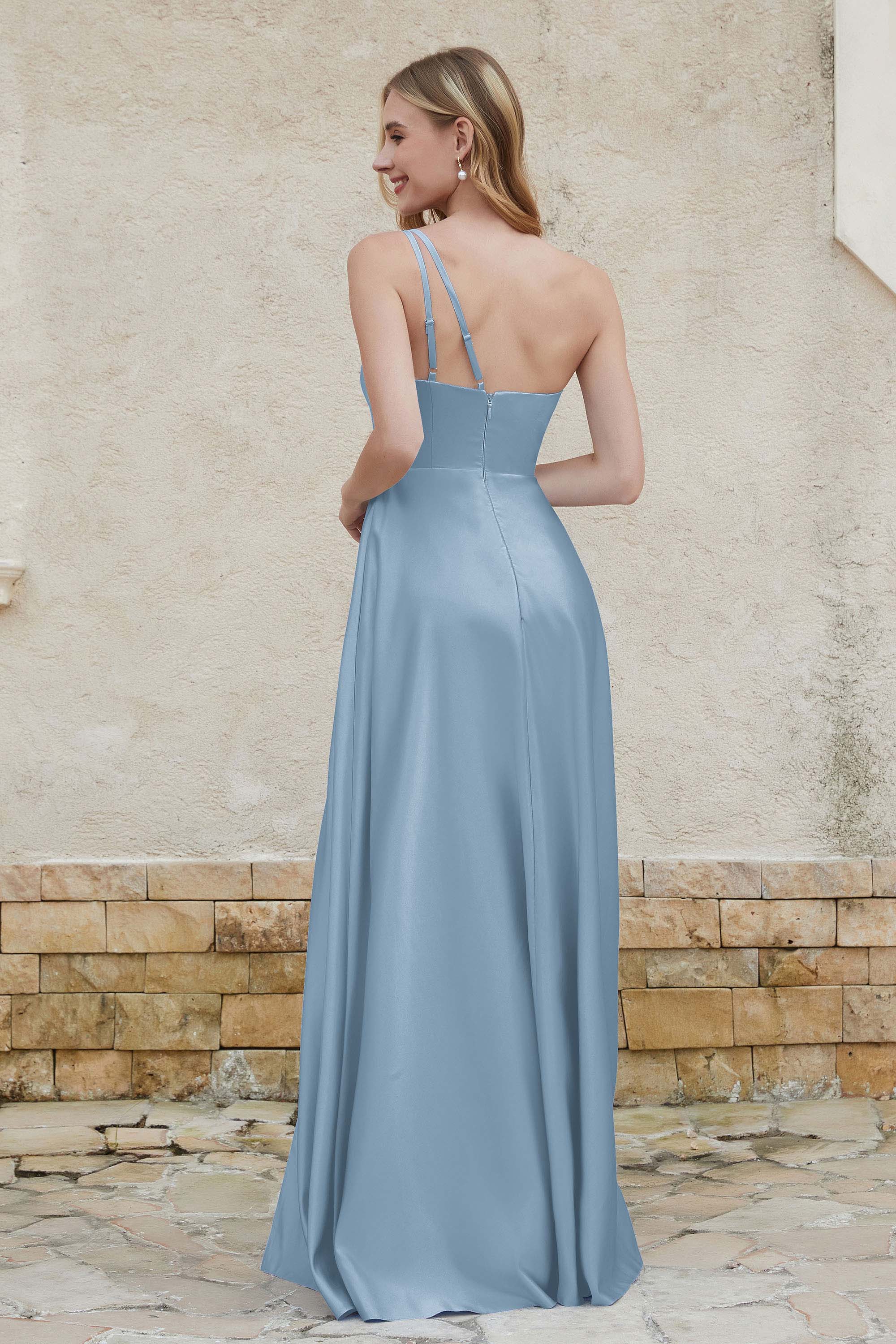 One Shoulder Satin Bridesmaid Dress with Pockets Formal Evening Prom Dresses Gowns