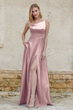 One Shoulder Satin Bridesmaid Dress with Pockets Formal Evening Prom Dresses Gowns