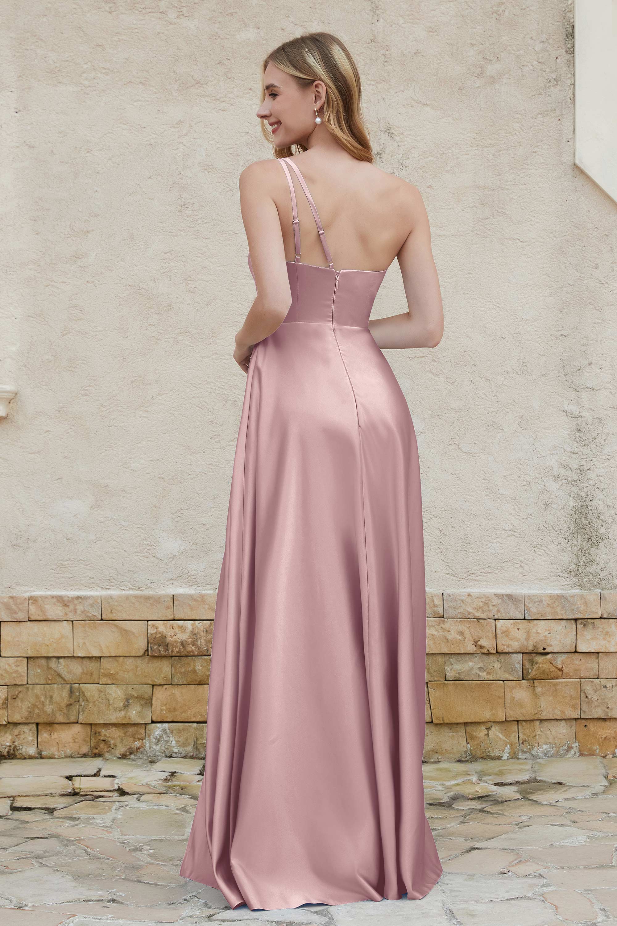 One Shoulder Satin Bridesmaid Dress with Pockets Formal Evening Prom Dresses Gowns
