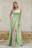 One Shoulder Satin Bridesmaid Dress with Pockets Formal Evening Prom Dresses Gowns