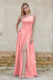 One Shoulder Satin Bridesmaid Dress with Pockets Formal Evening Prom Dresses Gowns